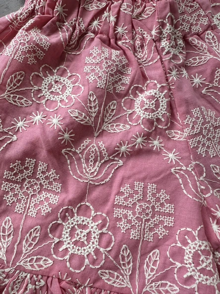 Çiçek Desenli Nakışlı Pembe Takım (2'li) – Bluz ve Şort - Resim 9