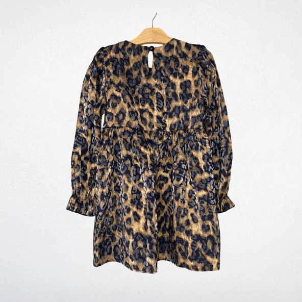 Leopar Desenli Fırfırlı Kız Çocuk Elbise – Siyah/Kahverengi - 3