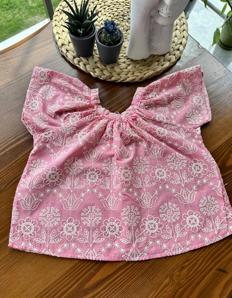 Çiçek Desenli Nakışlı Pembe Takım (2'li) – Bluz ve Şort - Resim 8