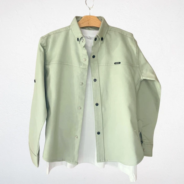 Hakim Yaka Uzun Kollu Keten Gömlek – Açık Haki - 2