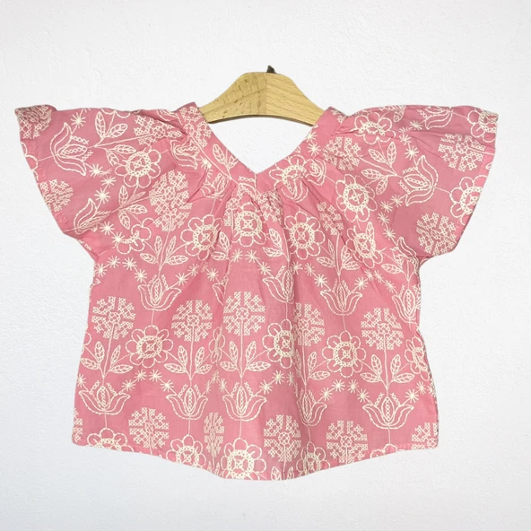 Çiçek Desenli Nakışlı Pembe Takım (2'li) – Bluz ve Şort - Resim 3