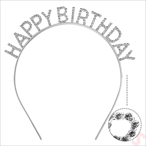 Gümüş Kristal Taşlı Happy Birthday Doğum Günü Tacı İthal Ürün A Kalite 17x16 Cm - 5