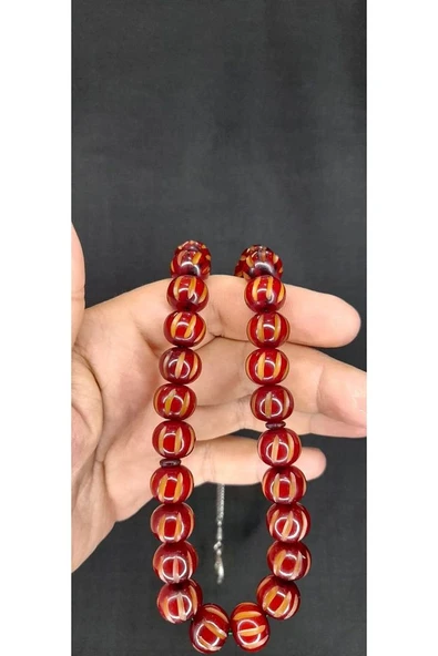 ÇUBUK KEHRİBAR TESBİH KALEM İŞÇİLİKLİ KÜRE KESİM BORDO RENK T-395 - 3