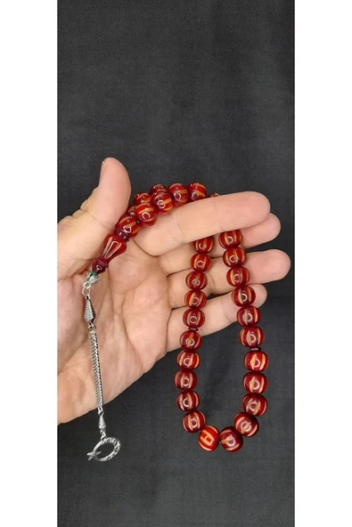 ÇUBUK KEHRİBAR TESBİH KALEM İŞÇİLİKLİ KÜRE KESİM BORDO RENK T-395 - 2