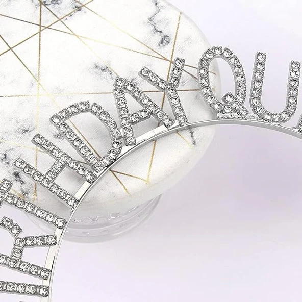 Gümüş Renk Kristal Taşlı Parlak Birthday Queen Yazılı Kraliçe Taç 16x17 Cm - Resim 4