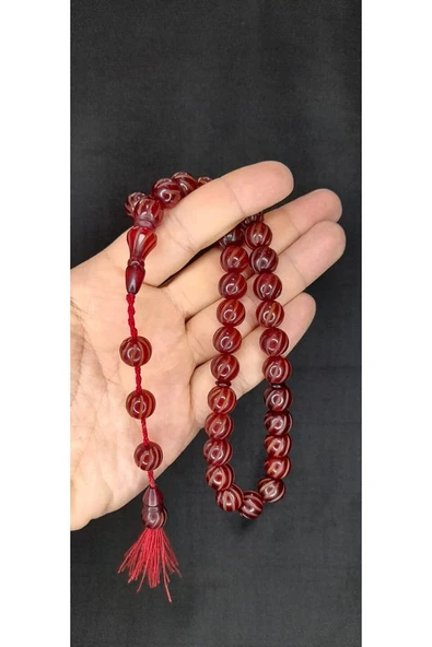 ÇUBUK KEHRİBAR TESBİH KALEM İŞÇİLİKLİ KÜRE KESİM BORDO RENK T-394
