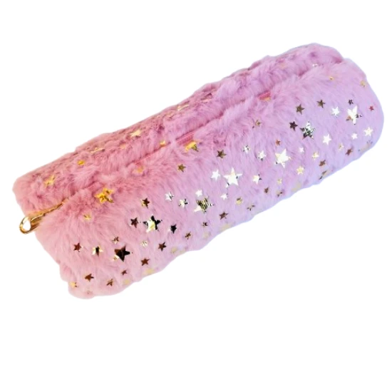 peluş kalemlik silindir tek bölmeli pudra pembe,  astarlı