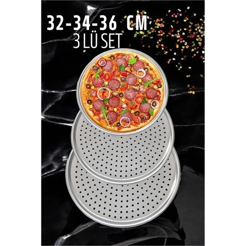 Delikli Pizza Lahmacun Tepsisi Çelik 32-34-36 CM 3 lü SET