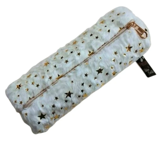 peluş kalemlik silindir tek bölmeli açık krem, astarlı