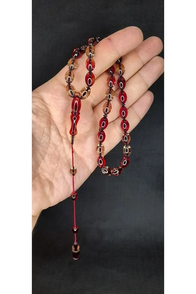 ATEŞ KEHRİBAR TESBİH KIRMIZI-ŞEFFAF RENK BEYZİ KESİM T-427