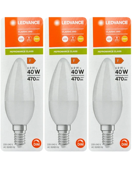 (3 Adet) Ledvance 4,9W (40W) 2700K (Sarı Işık) Dim Edilebilir E14 Duylu (İnce Duy) Led Mum Ampul