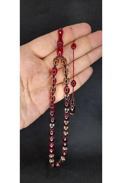 ATEŞ KEHRİBAR TESBİH KIRMIZI-ŞEFFAF RENK BEYZİ KESİM T-427 - 2