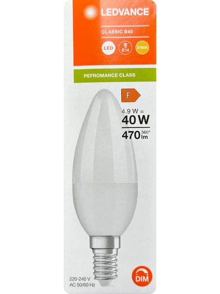 (1 Adet) Ledvance 4,9W (40W) 2700K (Sarı Işık) Dim Edilebilir E14 Duylu (İnce Duy) Led Mum Ampul