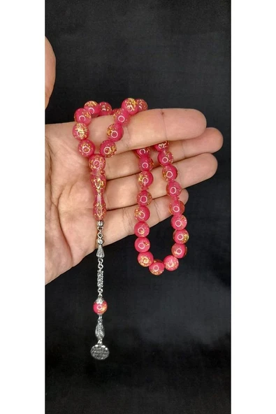 ALTIN VARAKLI UÇAK CAMI TESBİH PEMBE RENKLİ KÜRE KESİM T-446 - 3