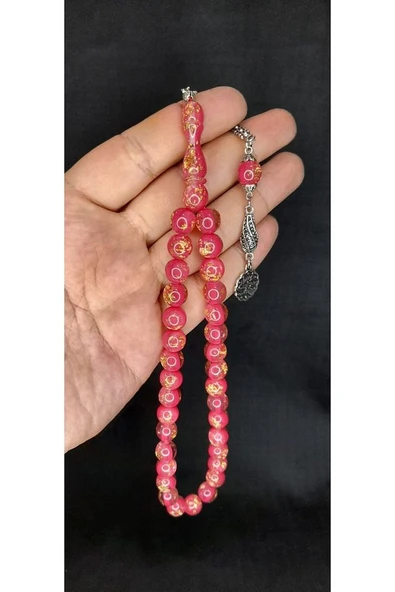 ALTIN VARAKLI UÇAK CAMI TESBİH PEMBE RENKLİ KÜRE KESİM T-446