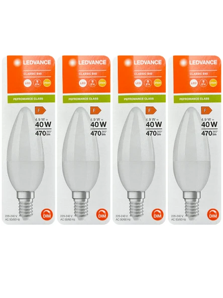(4 Adet) Ledvance 4,9W (40W) 2700K (Sarı Işık) Dim Edilebilir E14 Duylu (İnce Duy) Led Mum Ampul