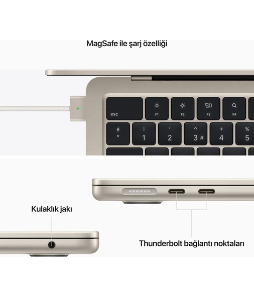 MacBook Air M2 Çip 8GB 512GB SSD macOS 13" Taşınabilir Bilgisayar Yıldız Işığı MLY23TU/AA - 9