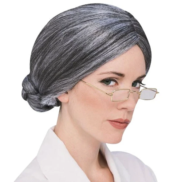 Gri Renk Yaşlı Peruğu Takma Saç Büyükanne Peruğu Yetişkin Çocuk Uyumlu - Resim 5