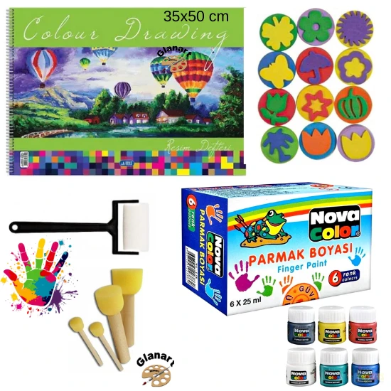 35x50 resim defteri + 6x25 ml parmak boyası baskı seti ponpon fırçalı set (yıkanabilir) ürün görseli 1
