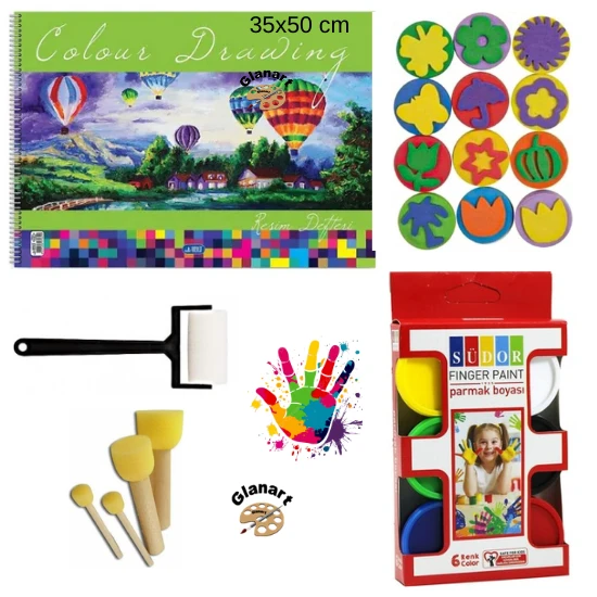 35x50 resim defteri +  parmak boyası baskı seti ponpon fırçalı set (yıkanabilir) ürün görseli 1