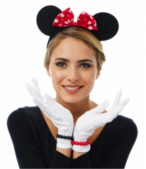Kırmızı Fiyonklu Minnie Mouse Tacı Ve Beyaz Eldiven Seti - 2