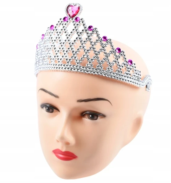 Fuşya Kalpli Gümüş Renk Kraliçe Tacı Prenses Tacı - Resim 2