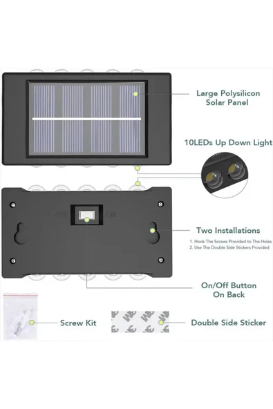 2 Adet Beyaz Işık 10 Ledli Solar Enerjili Aplik Teras Bahçe Varanda Apliği Beyaz Işık - 7