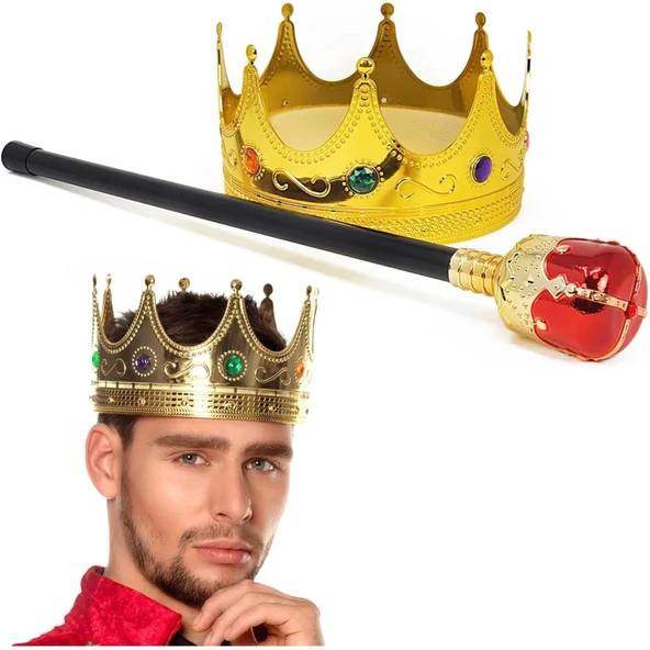 Altın Renk 60 Cm Kral Tacı Kraliyet Tacı Ve Kırmızı Topuzlu Kral Asası Seti ürün görseli 1