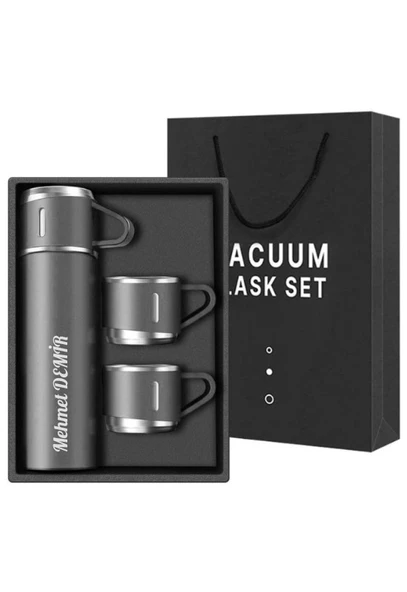 Kişiye Özel Paslanmaz Çelik Termos 3 Bardaklı Termos Seti Vakumlu Kamp Termos Set Gri - 2