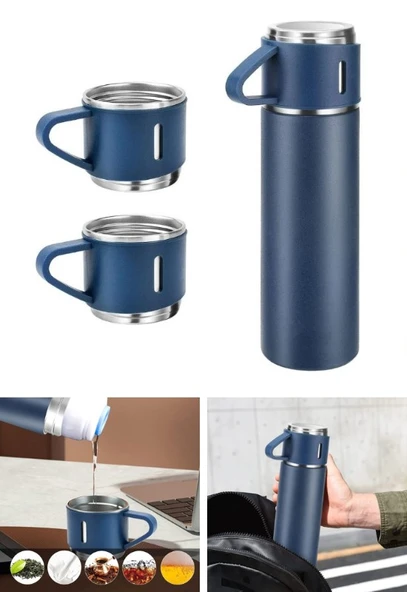 Paslanmaz Çelik Termos 3 Bardaklı Termos Seti Vakumlu Kamp Termos Set Lacivert