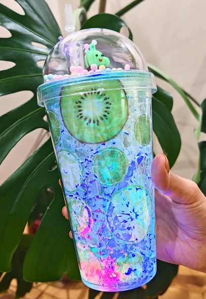 Limon Kiwi  Suluk Pipetli Buzlu Cam Görünümlü Led Işıklı 450 ML Çift Katman Mika 2768 - 3