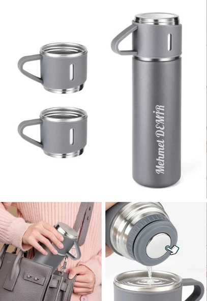 Kişiye Özel Paslanmaz Çelik Termos 3 Bardaklı Termos Seti Vakumlu Kamp Termos Set Gri