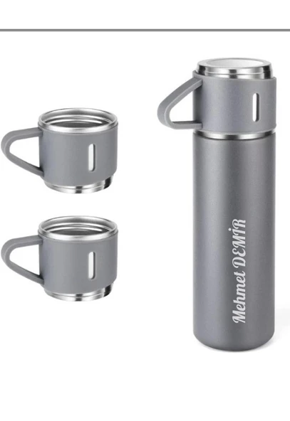Kişiye Özel Paslanmaz Çelik Termos 3 Bardaklı Termos Seti Vakumlu Kamp Termos Set Gri - 3
