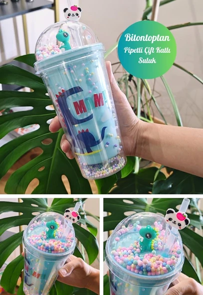 Sevimli Dino Temalı Çift Katman 450 ml Suluk Pipetli Mika Mavi 2769