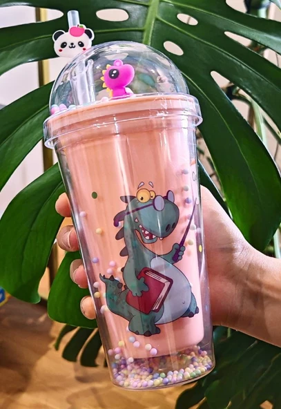 Sevimli Dino Temalı Çift Katman 450 ml Suluk Pipetli Mika Matara Pembe 2769 - 3