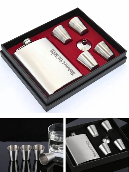 Kişiye Özel Çelik Matara Hediye Seti İçki Viski Alkol Konyak Matarası 4 Shot Bardaklı Vip Hediye - 4