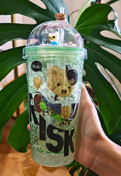 Sevimli Ayıcık Temalı Çift Katman 450 ml Suluk Pipetli Mika Yeşil 2726 - Resim 3