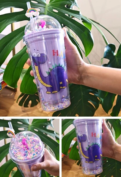 Sevimli Dino Temalı Çift Katman 450 ml Suluk Pipetli Mika Matara Mor 2769
