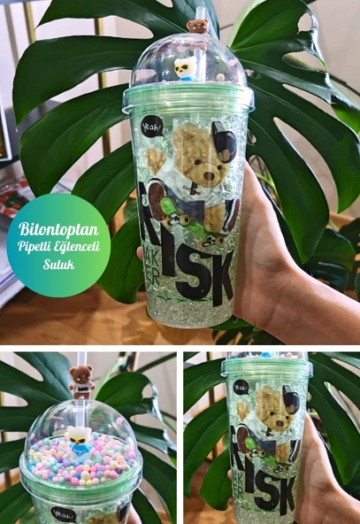 Sevimli Ayıcık Temalı Çift Katman 450 ml Suluk Pipetli Mika Yeşil 2726 ürün görseli