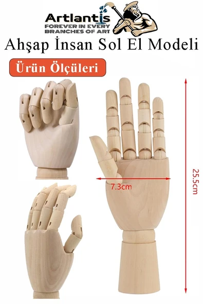 Ahşap Sol El Modeli 25 cm 1 Adet Sol El Maketi Bayan Ahşap Manken Sol El Parmak Model Hareketli Esnek Eskiz Çizim Boyama - 2