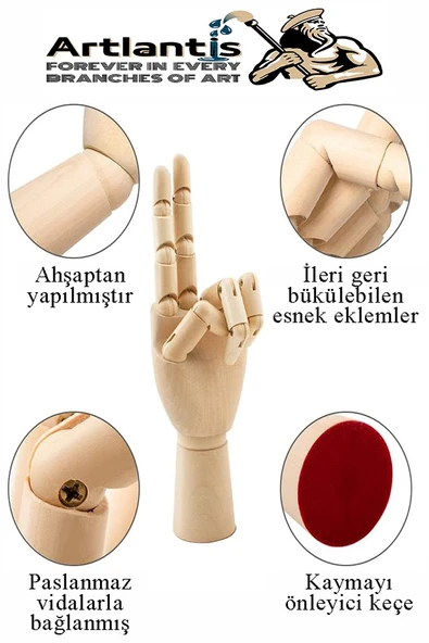 Ahşap Sol El Modeli 25 cm 1 Adet Sol El Maketi Bayan Ahşap Manken Sol El Parmak Model Hareketli Esnek Eskiz Çizim Boyama - 3