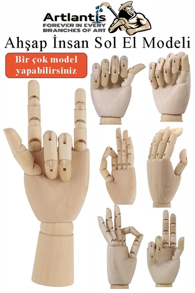 Ahşap Sol El Modeli 25 cm 1 Adet Sol El Maketi Bayan Ahşap Manken Sol El Parmak Model Hareketli Esnek Eskiz Çizim Boyama - 4