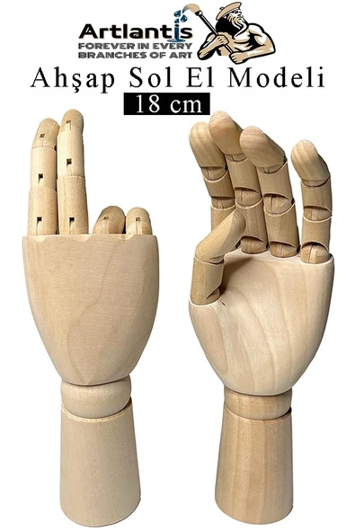 Ahşap Sol El Modeli 18 cm 1 Adet Sol El Maketi Çoçuk Ahşap Manken Sol El Parmak Model Hareketli Esnek Eskiz Çizim Boyama