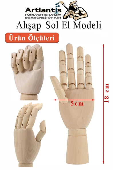 Ahşap Sol El Modeli 18 cm 1 Adet Sol El Maketi Çoçuk Ahşap Manken Sol El Parmak Model Hareketli Esnek Eskiz Çizim Boyama - 2