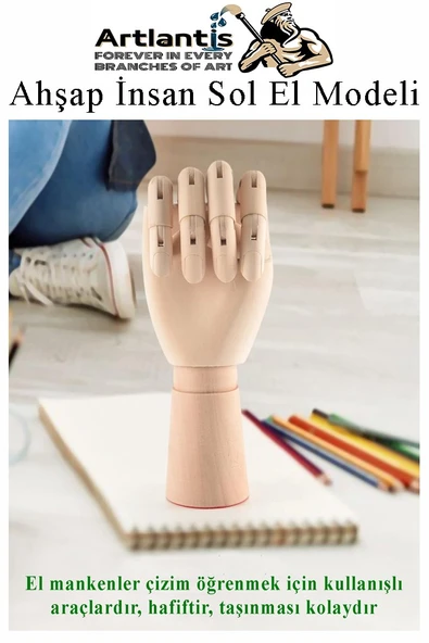 Ahşap Sol El Modeli 30 cm 1 Adet Sol El Maketi Erkek Ahşap Manken Sol El Parmak Model Hareketli Esnek Eskiz Çizim Boyama - 6