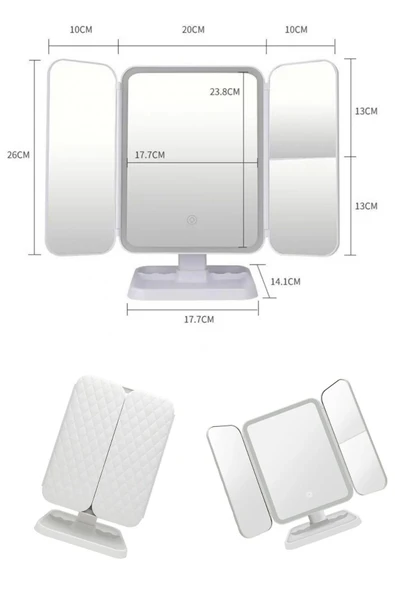 BUFFER® 2 Kapaklı,3 Farklı Dokunmatik Led Ayarlı USB Şarj ile Şarj Olabilen Makyaj Aynası - 8