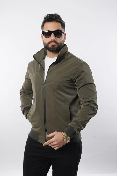 Erkek Gömlek Yaka Baharlık Mont Astarlı Mevsimlik Çeket Haki