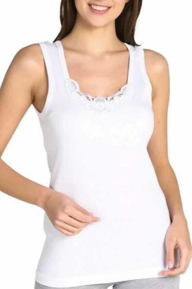 6 lı Paket Sedef Yıldız Bayan Geniş Askılı Güpürlü Atlet Beyaz 1019