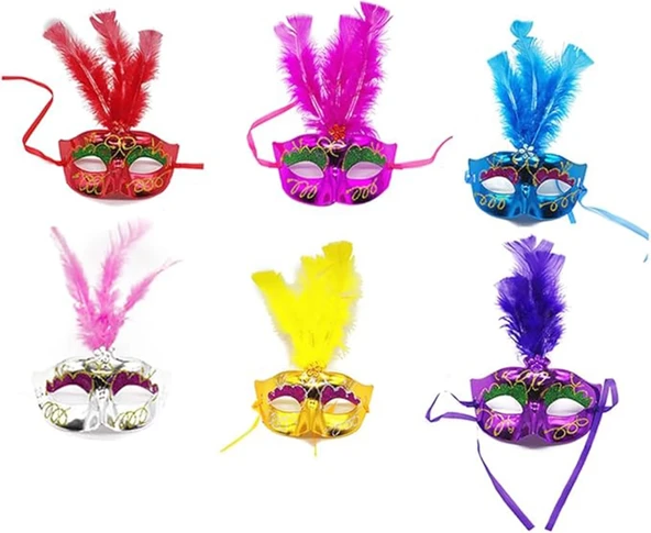 Renkli Tüylü Venedik Parti Maskesi Karışık Renk 12 Adet ürün görseli 1