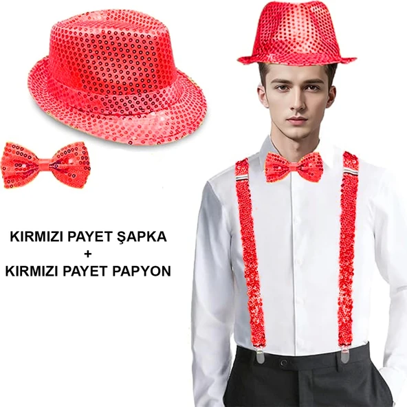 Kırmızı Payetli Şapka Ve Papyon Seti – Parıltılı Yetişkin Kostüm Seti ürün görseli 1